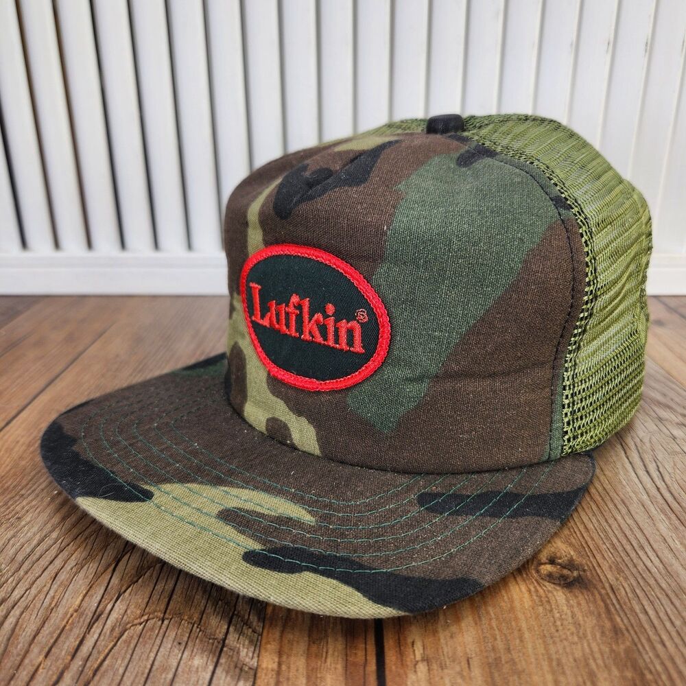 VTG New Er Lufkin Camo Trucker Hat Green Red Snapback Mesh Pro Design Patch Cap